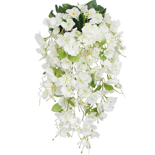 2 Pcs Fake Hibiscus Flowers Artificial Hanging Flowers Plants for Outdoors Realistic UV Resistant Spring Summer Decor White Silk Faux Flowers Trailing Vines for Front Door Porch Outside - color: White