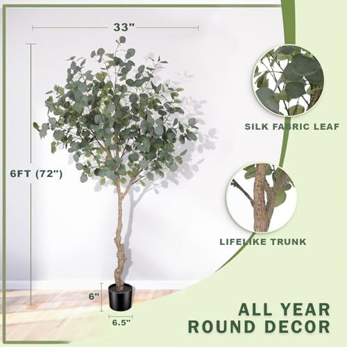 LYERSE 6ft Artificial Eucalyptus Tree in Plastic Nursery Pot, Tall Faux Eucalyptus Stems Fake Plants with 846 Silver Dollar Leaves, Artificial Trees for Office House Living Room Home Decor Indoor - size: 6ft