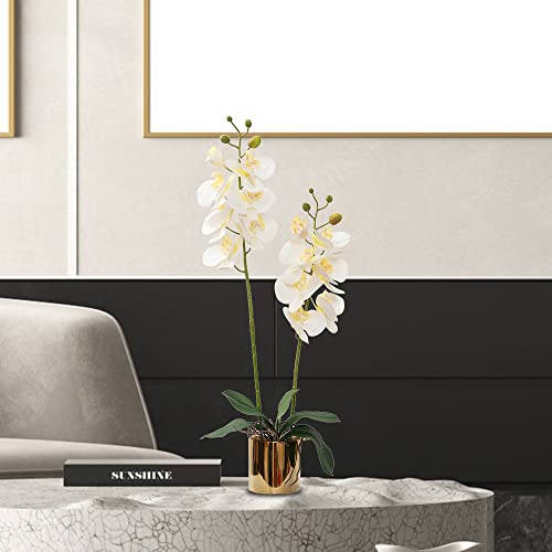 Artificial Orchid Flowers White Faux Orchids with Ceramic Vase Vivid Fake Phalaenopsis Flower Arrangement Gorgeous Artificial Plants for Office Desk Wedding Party Exhibition Center & Home Table Decor - color: White-golden