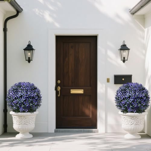 THKFUL Artificial Boxwood Topiary Ball Tree Outdoor Set of 2,Faux Bushes Plants with Spike,Artificial Boxwood Ball Fake Shrubs with Stake UV Resistant for 4th of July Outdoor Planter Garden D17 - style: Purple Boxwood