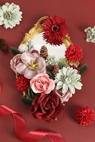 YYHUAWU Artificial Christmas Flowers Combo Box Set Fake Flowers Leaf with Stems for DIY Tree Ornaments Xmas Wreath Floral Arrangements Centerpieces - color: Chrismas Pink＆red
