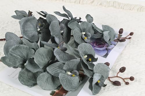 41in Artificial Orchids Fake Orchid 6PCS Velvet Silk Orchids That Look Real Long Stem Artificial Flowers for Tall Vase for Home Party Fall Halloween Décor (Gray) - color: Grey