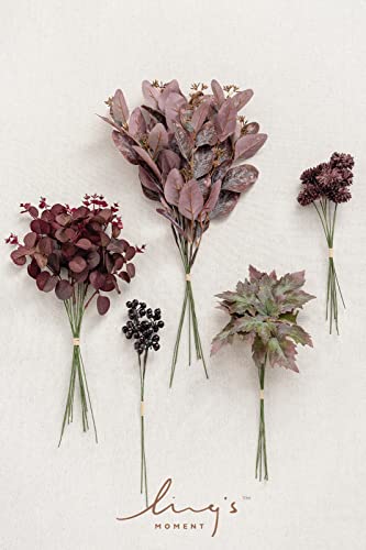 Ling's moment Artificial Greenery Stems Box Set, 36pcs with 6 Kinds of Faux Greenery Picks for DIY Bridal Bouquets Wedding Floral Arrangement Table Centerpieces, Purple & Burgundy - color: Prpl-purple & Burgundy
