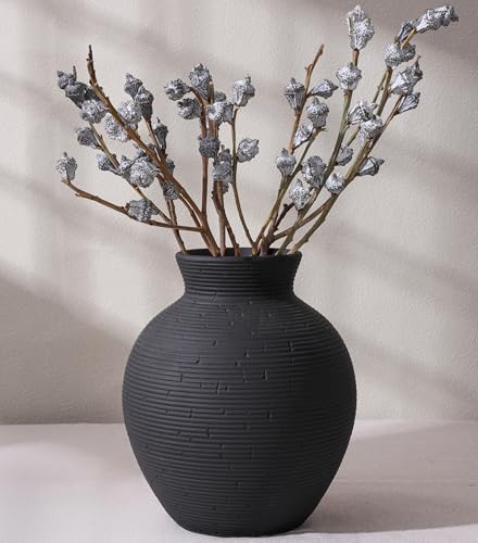 Ceramic Flower Vase Home Decor, 7.4 in Farmhouse Table Vases Retro Vintage Living Room Kitchen Bedroom Decoration Pottery Decorative Vases for Flowers House Shelf Office Desk Dining Entryway, Black - color: 7.4 in - Black