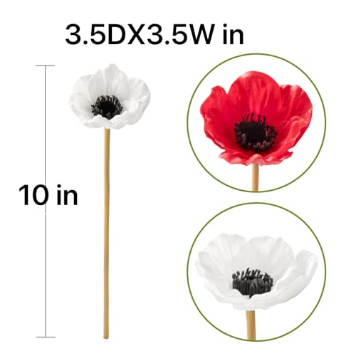 Floral Kingdom Real Touch White Anemone Bouquet - 10" Artificial Flowers for Home Decor, Weddings, Easter | Bendable Stems with Black Centers (7 Pack, Latex) - color: White