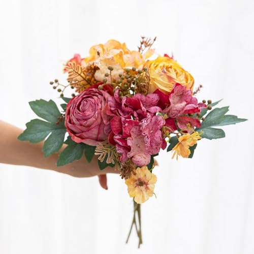 Dining Table Centerpiece Decor - Pre-Made Artificial Flower Arrangement Fake Floral with Wooden Vase for Farmhouse Kitchen Bathroom Living Room Decorations (Orange-Red) - color: Orange-red