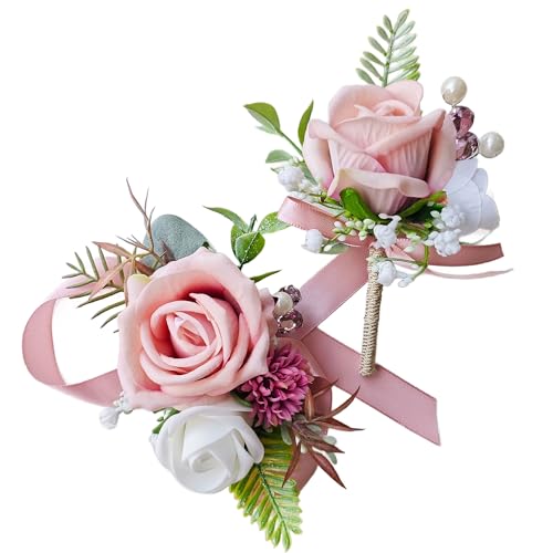 Corsage and Boutonniere Set with Pink Roses for Bride, Groom, Bridesmaids Groomsmen Weddings, Proms, Homecomings. Perfect Party Suit Decor Wedding Flowers Accessories (Pink) - color: Pink