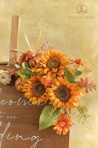 TINGE TIME 9 pcs Sunflowers Artificial Flowers, 6'' Silk Fake Sunflowers with Stems, Orange Faux Sunflowers for DIY Outdoors Decor Home Decor Tables Centerpieces - color: Orange