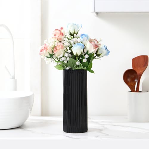 Black Glass Vase for Flowers, Ribbed Glass Vase for Tulips, Black Modern Vases, Tall Cylinder Glass Vases for Living Room, Bedroom, Dining Table, Office, Wedding, Bookshelf, 10 Inches - color: Black, size: 10''
