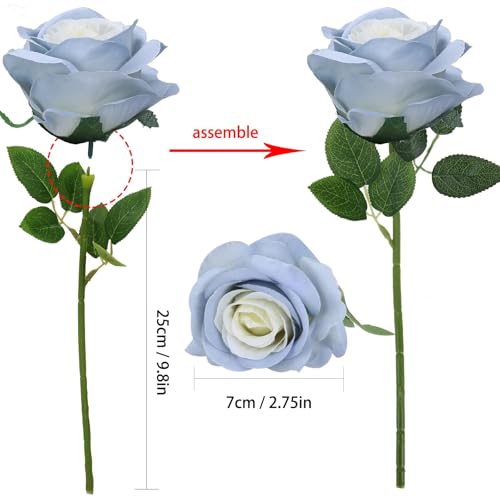 Felice Arts 12 Pack Ice Blue Spring Flowers Artificial Roses with Stems Silk Roses Fake Flowers Bouquet for Wedding Table Vase Home Kitchen Party DIY Decor - color: Ice Blue