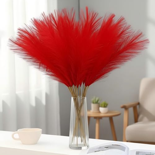 Suncalla 72 Pcs Red Pampas Grass 21.7 Inches Faux Tall Pampas Grass Decor Bulk Artificial Dried Flower Red Feather for Vase Filler Home Boho Decor Christmas Wedding Party Arrangement Bathroom Wall - color: Red