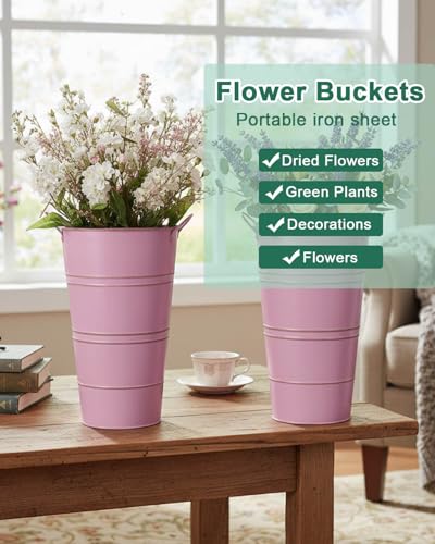 vensovo 12 Inch Galvanized Metal Vases for Flowers - 6 Pcs Farmhouse Decorative Tall Flower Bucket with Handles, Rustic French Tin Planter Buckets for Wedding Decor (Pink) - color: Pink