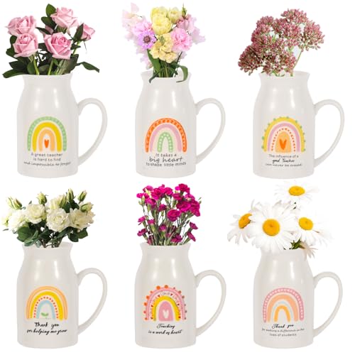 6 Pieces Teacher Appreciation Gifts Teacher Ceramic Vase with Small Handle Rainbow Flower Vases Thank You Teacher Gifts for Women (Teacher)