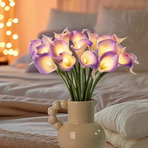 20pcs Lighted Artificial Calla Lily Bouquet Faux Floarl Night Light Real Touch Flower Night Light LED Calla Lily lighted Artificial Flower for Holiday Gifts Home Kitchen Decor(Light Purple, No Vase) - color: Light Purple