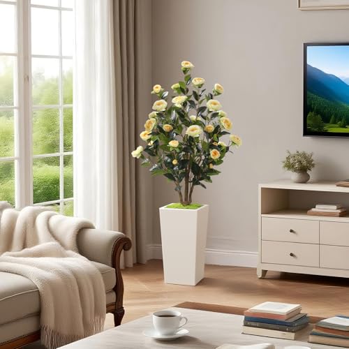 Romantic Season 4FT Artificial Camellia Tree with White Tall Planter, Yellow Faux Camellia Plant Flower Tree for Modern Home Office Living Room Floor Décor Outdoor Indoor，Yellow - color: Yellow
