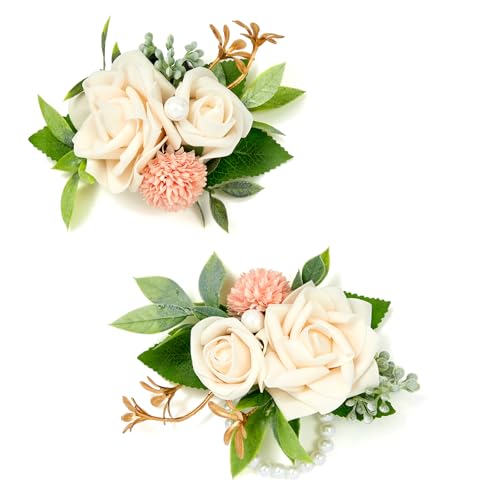 White Rose Boutonniere and Wrist Corsages for Wedding(Set of 2), Prom Corsage Wristlet for Wedding, Prom, Anniversary, Graduation, etc. - color: White, size: 1 Corsage & 1 Boutonniere