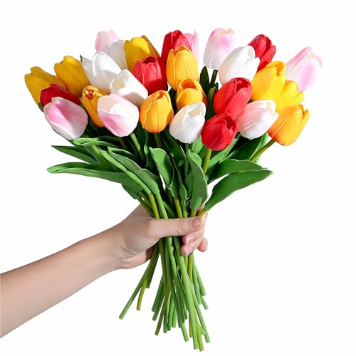 SITUMEIZI Fake Flowers Tulips Artificial Flower 15pcs Real Touch PU 14" for Spring Easter Home Kitchen Wedding Bouquet Bulk Mother's Gift Day Decorations(Assorted Colors,5) - color: White,yellow,sunset Red,red,light-pink