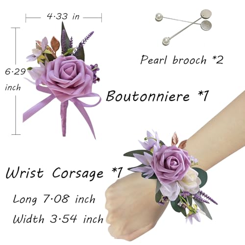 CherishedMoments Corsage and Boutonniere Set, Purple Rose Handmade Artificial Flower Wrist Corsage and Groom Boutonniere for Men Wedding, Bridesmaid Hand Flower for Wedding,Prom Suit Decorations - color: Purple