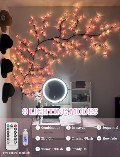 Cherry Blossom Lights for Bedroom Wall Decorations,4 FT 48 LED Cherry Blossom Decor,2026 New Dimmable Light-Up Pink Bedroom Decor with Remote Timer,8 Lighting Modes - color: 48 LED Pink cherry blossom
