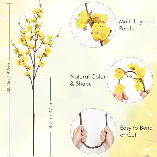Waipfaru 4 Pcs Cherry Blossom Branches for Vases, 36'' Faux Cherry Blossom Tree Decor with Long Stems, Artificial Flowers for Spring Home Indoor Outdoor Decoration (Yellow) - color: Yellow