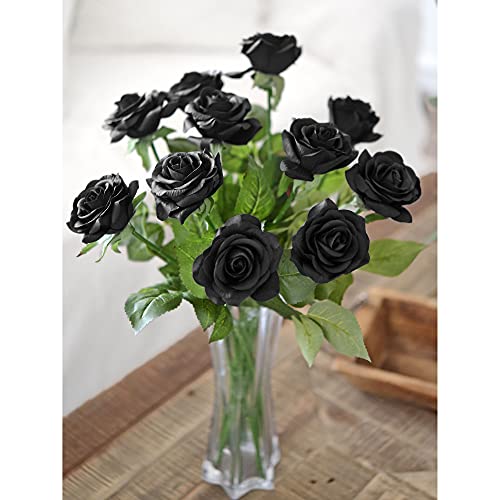 FiveSeasonStuff Fake Black Roses Wedding Flowers Real Touch Silk Artificial Flowers 12 Stems - color: Black