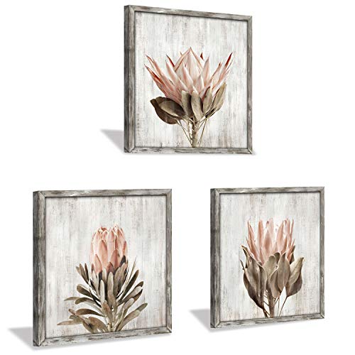 Pink Floral Wall Art Picture: Blossom Protea Flower Artwork Print on Rustic Wood Framed for Home Decor (16” x 16” x 3 Panels) - color: Wood Pink flower, size: 16'' x 16'' x 3 Panels