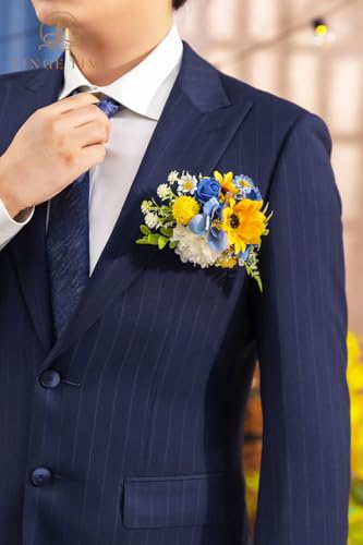 TINGE TIME Sunflower Boutonniere for Men Wedding,Groom and Pocket Boutonniere for Wedding, Prom, Homecoming, Anniversary, Graduation, Christmas Dinner - color: Sunflower&royalblue
