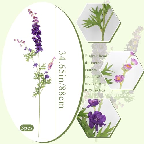CITYES 3 Pcs Delphinium Artificial Flowers Bulk 35" Long Stem Silk Larkspur Flowers Artificial Snapdragon Flower Stems Purple Faux Bouquet for Tall Vase Floral Arrangements Home Outdoor Wedding Decor - color: Purple