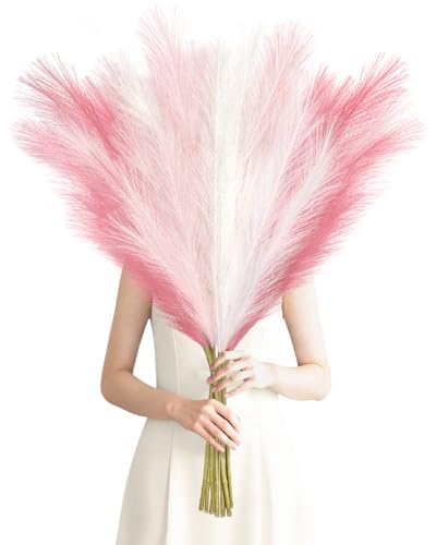 Agusbagli 8 Pcs Pink Faux Pampas Grass Decor 35“ Fluffy Tall Artificial Colored Pampas Grass Large Fake Pompous Grass Stems Blush Flower Arrangement Floor Vase Filler for Home Wedding Boho Decor - color: Pink & White & Light Pink