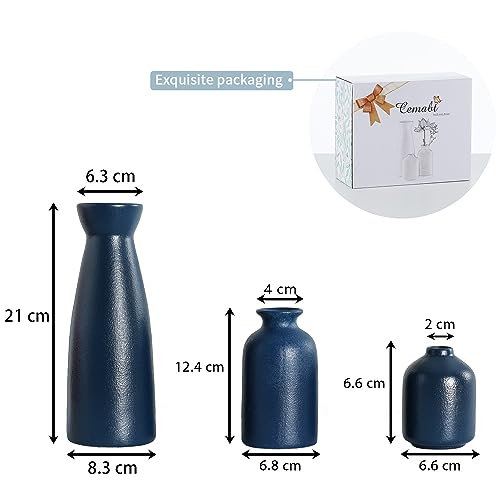 CEMABT Ceramic Blue Vases Set of 3 Small Flower Vases for Decor, Modern Rustic Farmhouse Home Decor, Decorative Vases for Pampas Grass,Idea Shelf,Table,Bookshelf,Entryway- Distressed Decor - color: 3set-blue