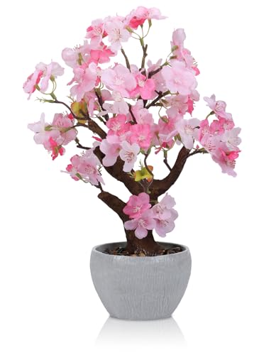 TOARTi Artificial Pink Cherry Blossom Potted Plant with Stone Pot, 13.4" Tall Fake Flowers Faux Plant Desk Decor, Realistic Decorative Plants Indoor Decor for for Home Bedroom Bathroom Office Desk - color: Pink Cherry Blossoms 13.4''