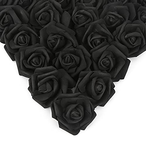 IPOPU Artificial Rose Flower Heads, 100 Pcs Real Looking Black Foam Fake Roses for DIY Wedding Baby Shower Centerpieces Arrangements Party Tables Home Decorations (Black, Stemless) - color: 100pcs Black