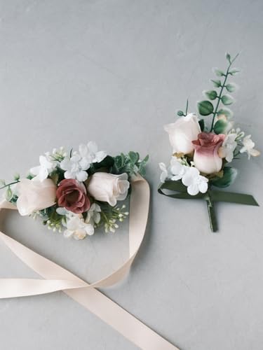 White Rose Wrist Corsage and Boutonniere Set with Ribbon Ties Wedding Prom Formal Accessories (Multicolor) - color: Multi Color