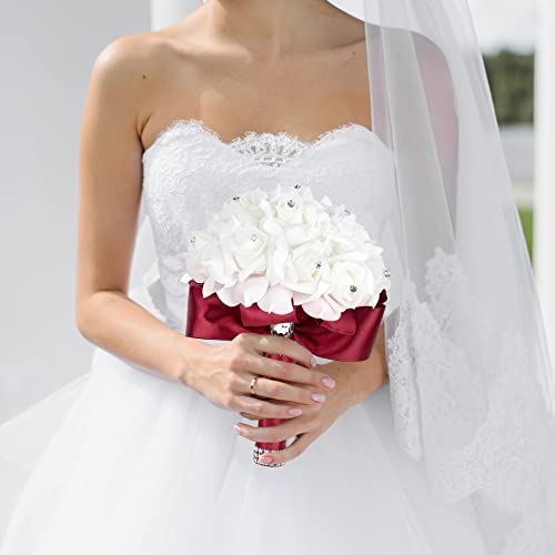 Burgundy Wedding Bouquet for Bride Bridesmaid Toss Bouquet Crystals Silk Rose Bridal Bouquet for Wedding Party (Burgundy White) - color: Burgundy +White