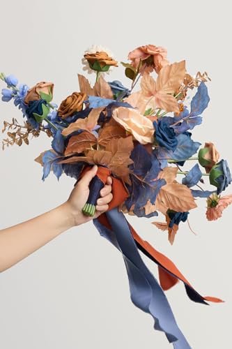 Ling's moment Blue and Orange Wedding Bouquets for Bride, Navy Orange Bridal Bouquets for Bride, 13 Inch Free Form Artificial Wedding Flowers Bouquets - color: Blu-burnt Orange & Navy, size: Small 13 Inch