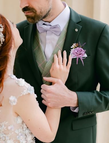 CherishedMoments Corsage and Boutonniere Set, Purple Rose Handmade Artificial Flower Wrist Corsage and Groom Boutonniere for Men Wedding, Bridesmaid Hand Flower for Wedding,Prom Suit Decorations - color: Purple