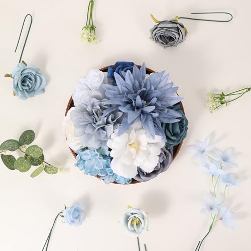 Artificial Flowers Combo Box Blue Dusty Blue Artificial Flowers for DIY Tables Centerpieces Baby Shower Bridal Shower Wedding Bouquet Arrangements Decor - color: Deep Blue