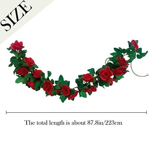 2 Pack Artificial Rose Vine Garland Fake Roses Flowers Plants Vines Hanging Floral Leaves Decoration for Wedding Party Table Garden Arch Wall Home Room Decor(Red) - color: Red, size: 【2 Pcs】