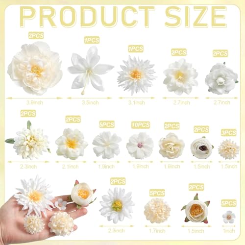 Artificial Flowers Heads Combo White Flowers Mix Silk Flowers Heads Bulk Faux Rose for Craft Garland Graduation Cap Wedding Bridal Baby Shower Home Party Decoration DIY Cake Decor - color: White