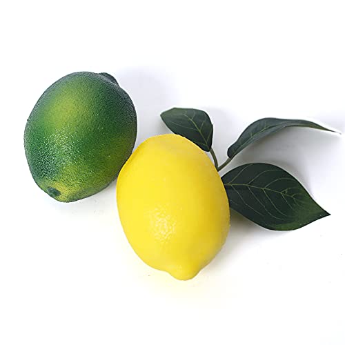 Fake Fruit Artificial Lemons 24 Pcs, Faux Lemon Leaves 12 Pcs Lifelike Fake Lemon Decor for Kitchen Table Cabinet Party Plastic Fruits Photography Prop