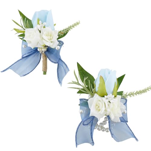 Light Blue Corsage and Boutonniere Set for Wedding Prom, Artificial Rose Flower Homecoming Corsage Wristlet, Boutonniere for Men Wedding Suit Decor - color: Light Blue