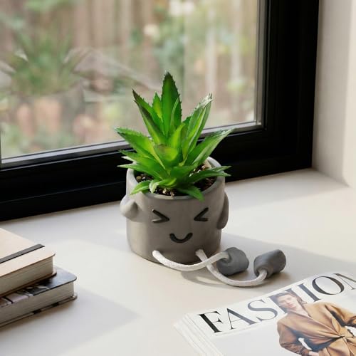 Cute Artificial Succulent Plant in Cement Pot with Hanging Legs - Kitchen Shelf, Bathroom, Office Wall Decoration, Mini Fake Succulents Decor Accents for Desk Shelf - Set of 1 - color: 1pcs-wink