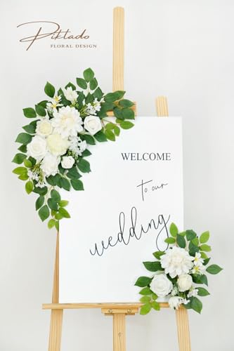 Wedding Decor (Pack of 2) Welcome Sign Flower Backdrop Garland for Ceremony Reception Wall Easel Home Decoration Entryway Faux Outdoor Board Head Table Decor (White) - color: White