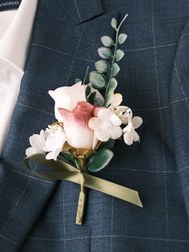 White Rose Wrist Corsage and Boutonniere Set with Ribbon Ties Wedding Prom Formal Accessories (Multicolor) - color: Multi Color