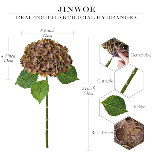 JINWOE Yellowish Brown Fall Hydrangea Artificial Flowers, 3PCS 21" Latex Large Real Touch Flowers, Faux Silk Flowers Fake Hydrangeas with Stems for Bouquet Table Centerpieces Halloween - color: Yellowish Brown, size: 3pcs