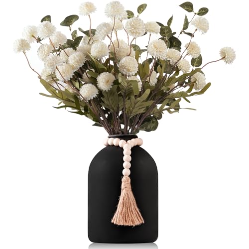 20''H Fake Flowers in Large Vase for Centerpiece Table Decorations with 10Pcs Fake Mums Flowers Eucalyptus Stems Faux Pompon Kiku Flowers Arrangement for Home Decor (White/Black Vase) - color: White/Black Vase