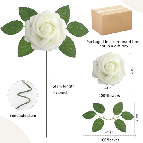 200PCS Ivory Realistic Roses - Artificial Latex Foam Flowers with Bendable Stems & 100PCS Leaves for Wedding, Home and Party DIY Decor - color: Ivory, size: 200