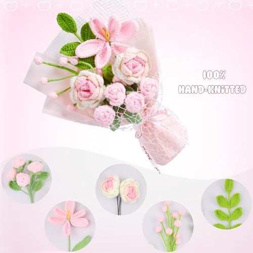 Crochet Flower Bouquet, Pink Crocheted Flowers Handmade Knitted Flowers Bouquet for Valentines Birthday Crochet Tulips Rose Bouquets Gifts for Flower Lovers (Including Gift Box and Card) - color: Z-pink