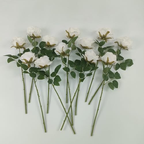 ATFL Fake White Roses Artificial Flowers Bulk,Floral Diameter 4'',20 Pcs Artificial Silk Roses Flowers with Stems for Wedding Arrangement Centerpieces Party Home Table Decorations (20, White) - color: White
