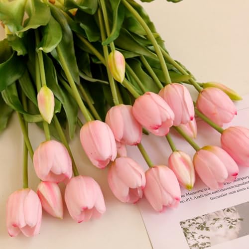 Fake Tulips Real Touch Artificial Flower Bouquet Faux Latex Tulips Flowers for Home Table Party Wedding Decoration 10 Pcs (Pink) - color: Pink